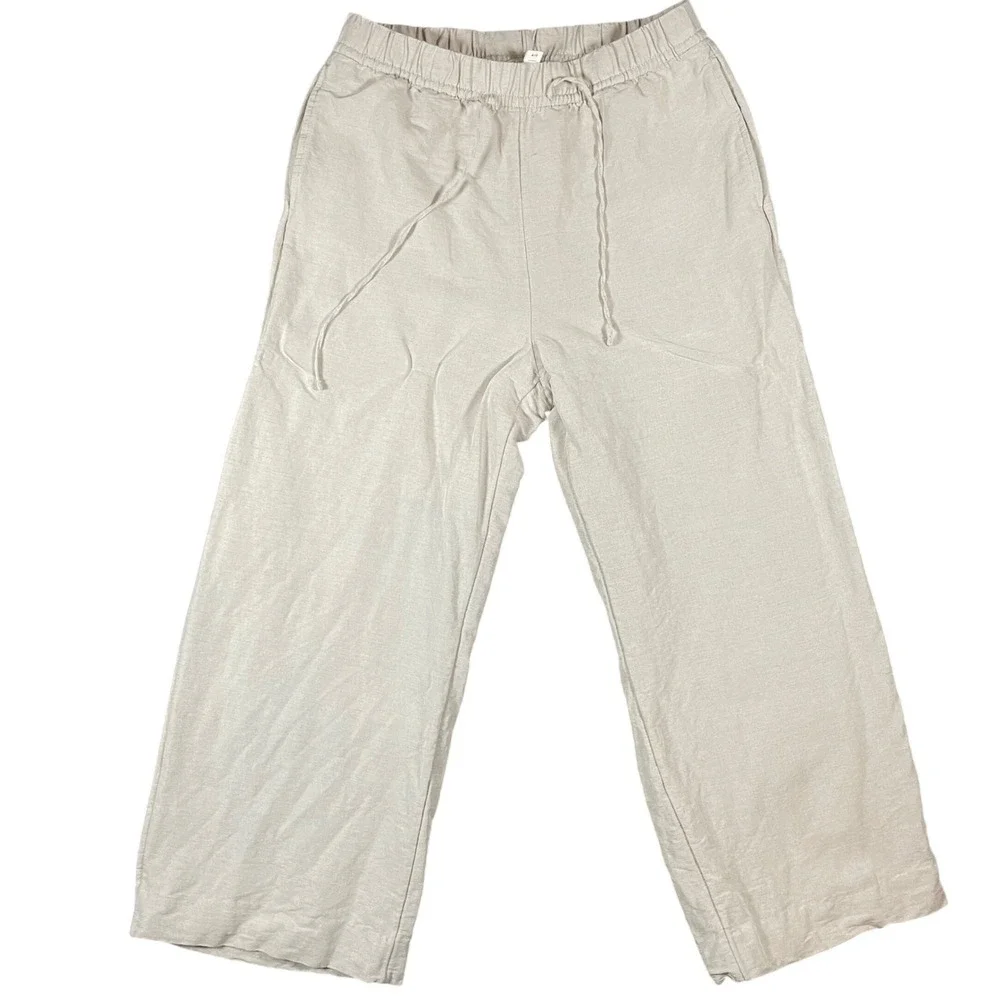 HM Womens Linen Blend Wide Leg Pants S Beige Oatmeal Elastic Waist Minimalist